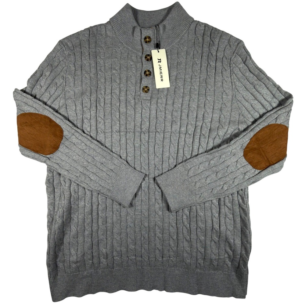 JMIERR Mens Pullover Sweater Cable Knit Grey Mock Neck Button Elbow Patch 2XL